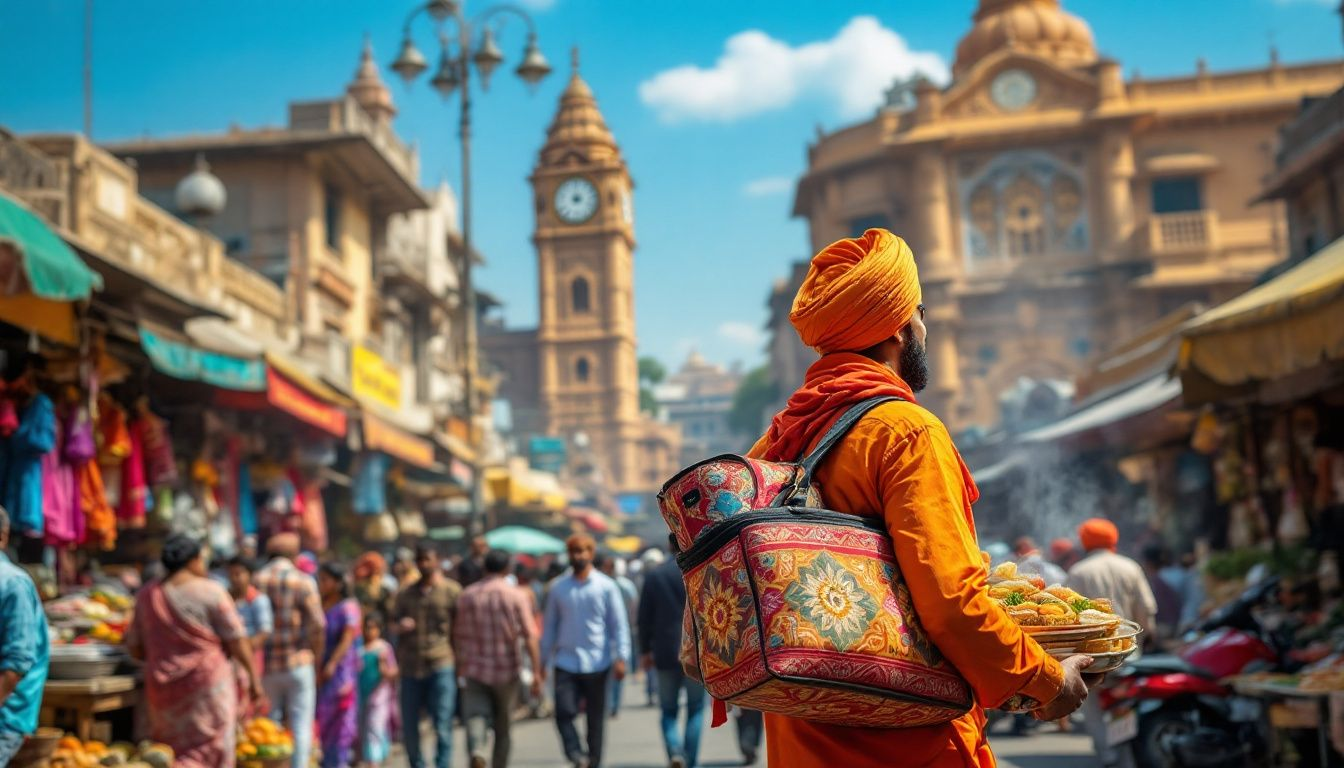 b05effc0 f06f 4659 8ba1 d1c4d8f0d6a6 A delivery person with a tiffin service bag in a busy urban area in Gujarat.