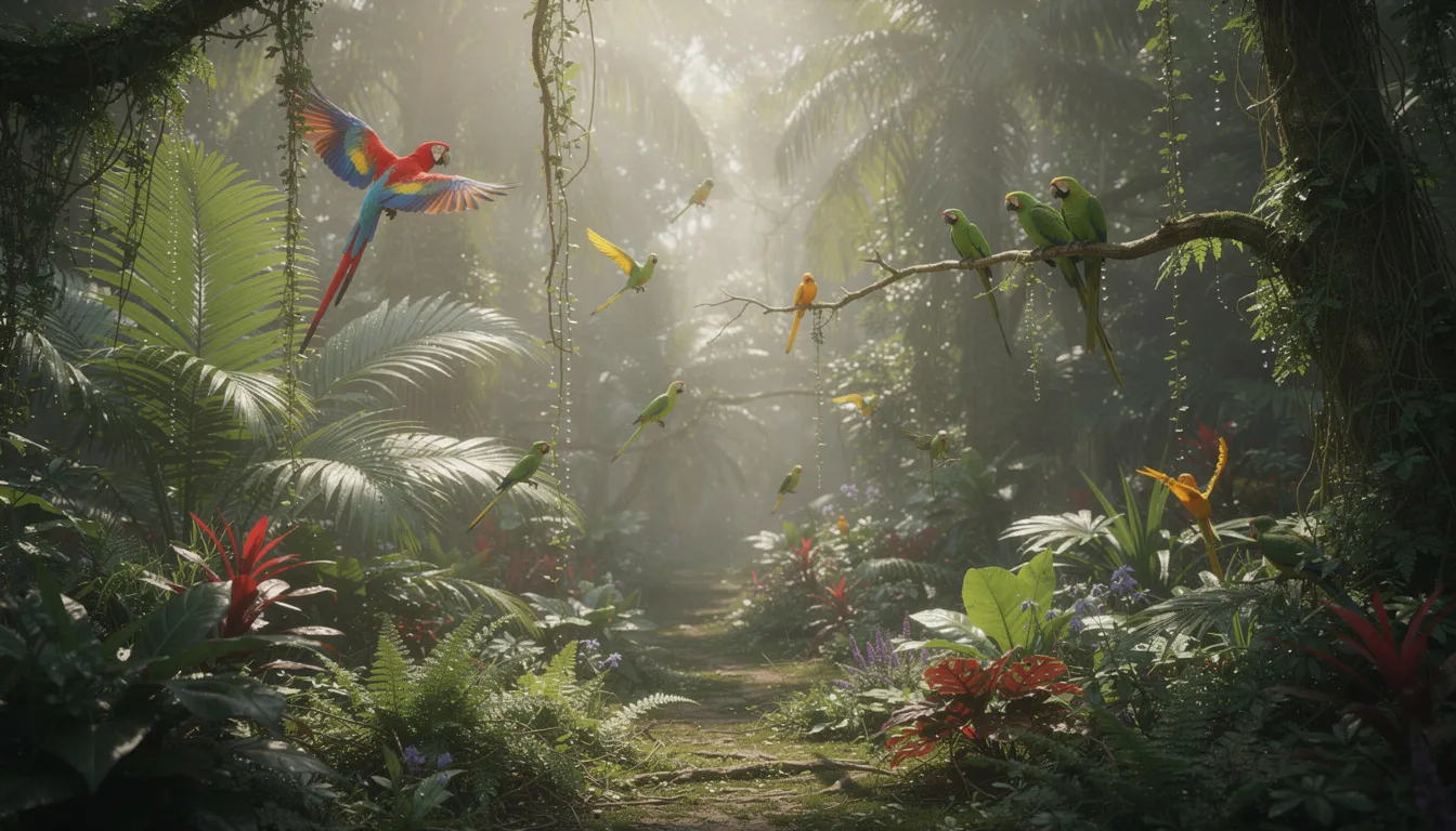 En tropisk djungel med frodiga gröna växter och färgglada fåglar som flyger mellan träden. Denna livfulla miljö påminner om de spännande teman i gamomat slots och spelautomater som "Ramses Book" och "Book of Madness".