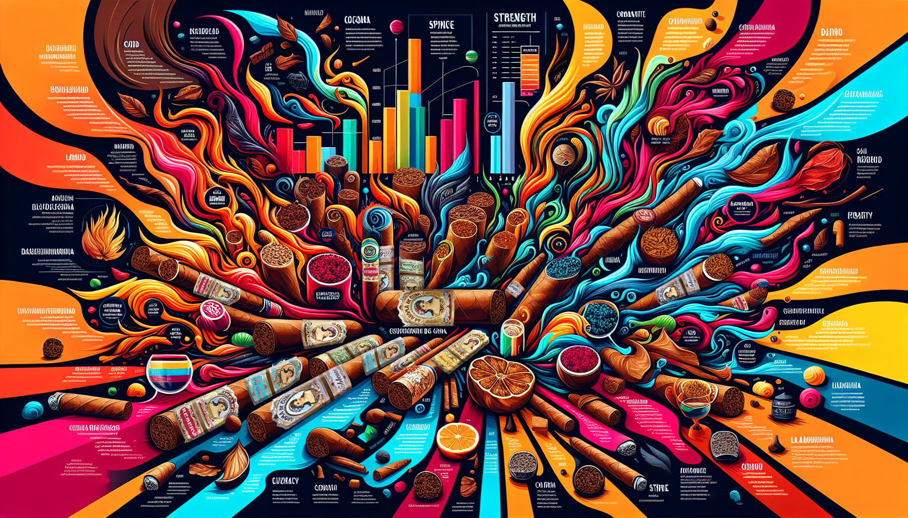 An infographic illustrating the strength and flavor profiles of different cigars, including La Aroma de Cuba.