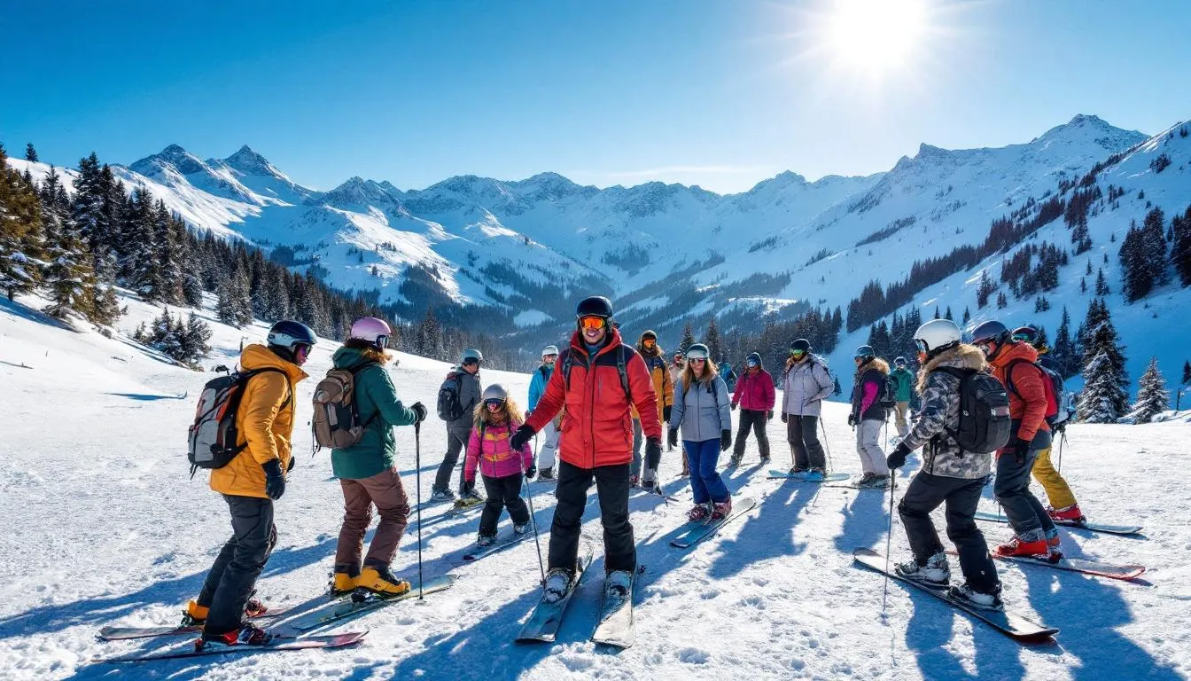 A diverse group of skiers and snowboarders enjoys the uncrowded slopes of Brian Head Resort, showcasing a variety of skill levels as they navigate the skiable terrain surrounded by stunning mountain views. The scene reflects the family-friendly atmosphere and the accessibility of this southern Utah ski resort, perfect for both beginners and advanced skiers alike.