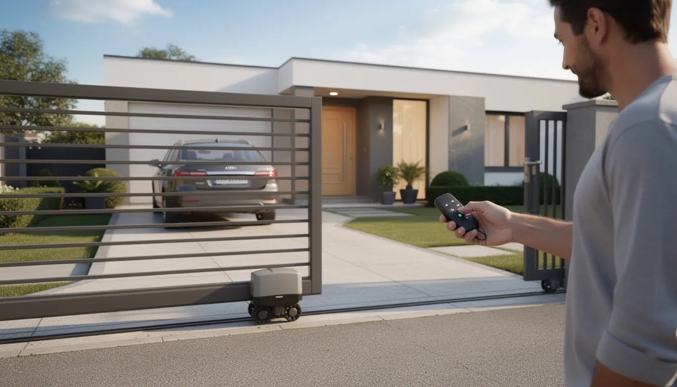 A satisfied homeowner stands at the entrance of their property, using a remote control to effortlessly open an automatic gate. This scene highlights the convenience and security provided by quality automatic gate installation, enhancing the overall accessibility of the driveway and home.