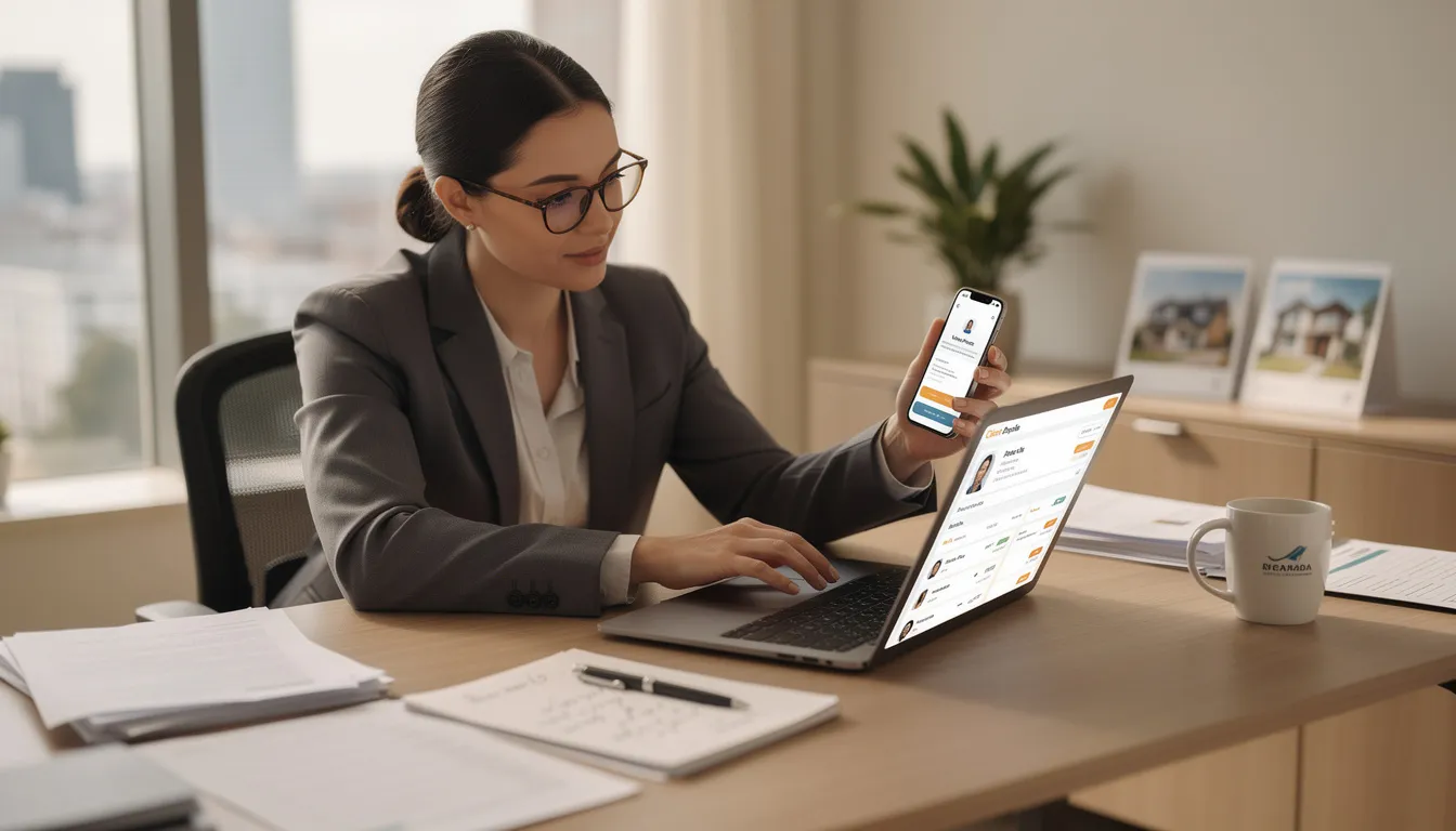 A real estate agent is seated at a desk, reviewing client information on both a laptop and a mobile phone, highlighting the importance of managing client relationships in the real estate business. This scene emphasizes the use of real estate CRM software for tracking leads and enhancing productivity in the sales process.