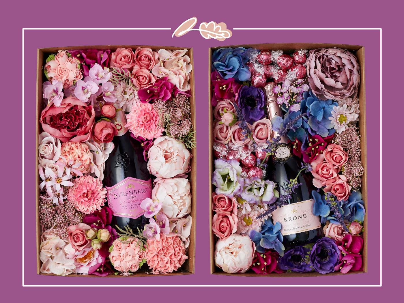 Two luxurious gift boxes filled with vibrant flowers and bottles of Steenberg and Krone sparkling wine, arranged beautifully together.