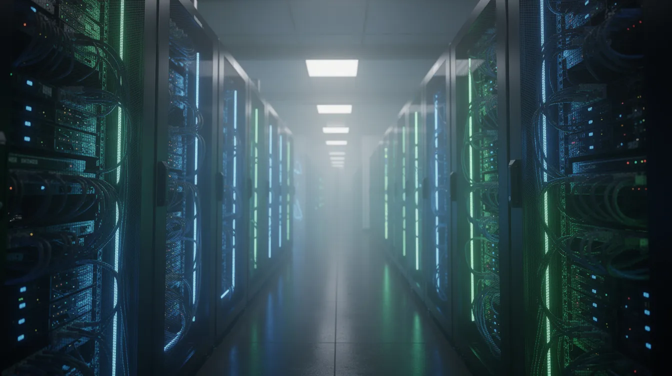 Imagen de una sala de servidores iluminada con luces azules y verdes parpadeando, donde se pueden ver múltiples servidores alineados. Este entorno es crucial para el alojamiento de sitios web, como los que utilizan WordPress, y alberga bases de datos que garantizan la seguridad y el acceso a la información.