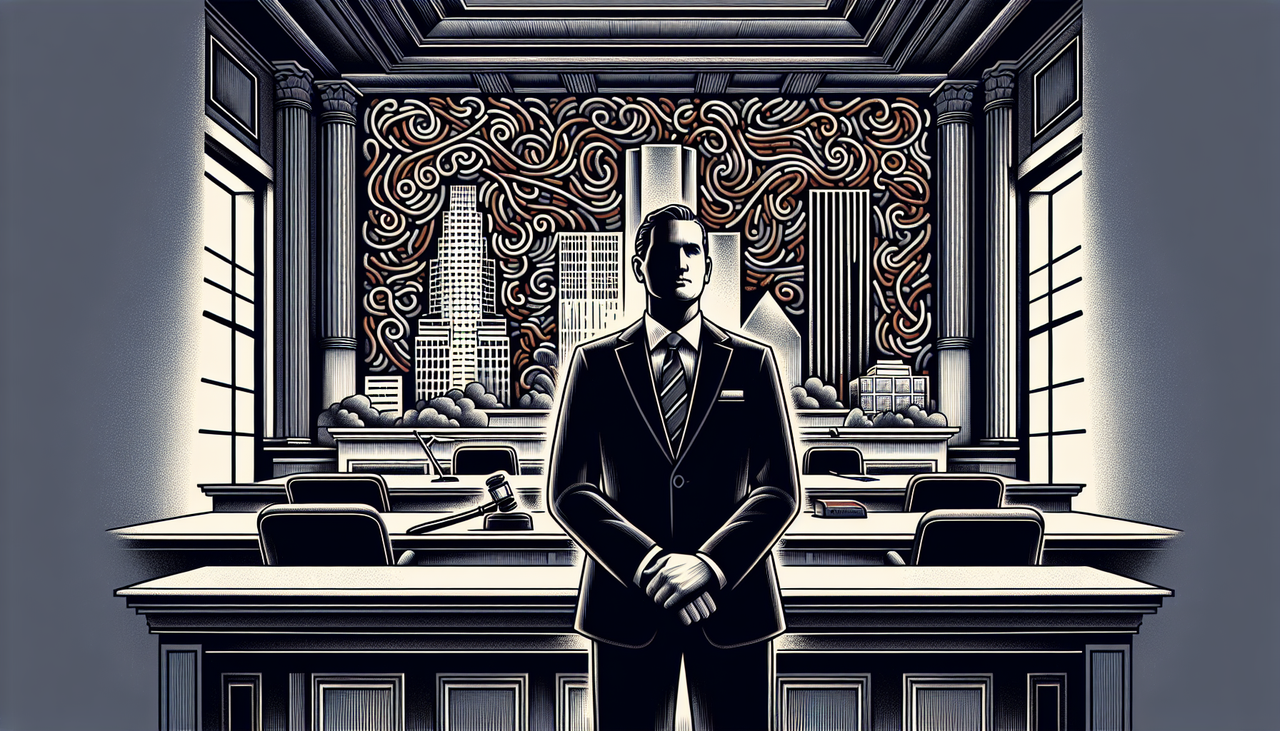 Illustration of a lawyer standing in a courtroom with the text 'Houston Sexual Assault Lawyer'