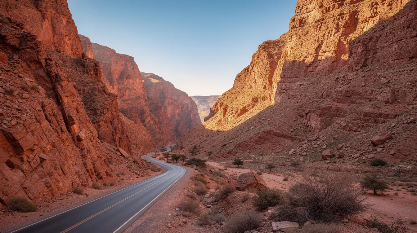 Strada panoramica in una valle rocciosa del sud del Marocco.