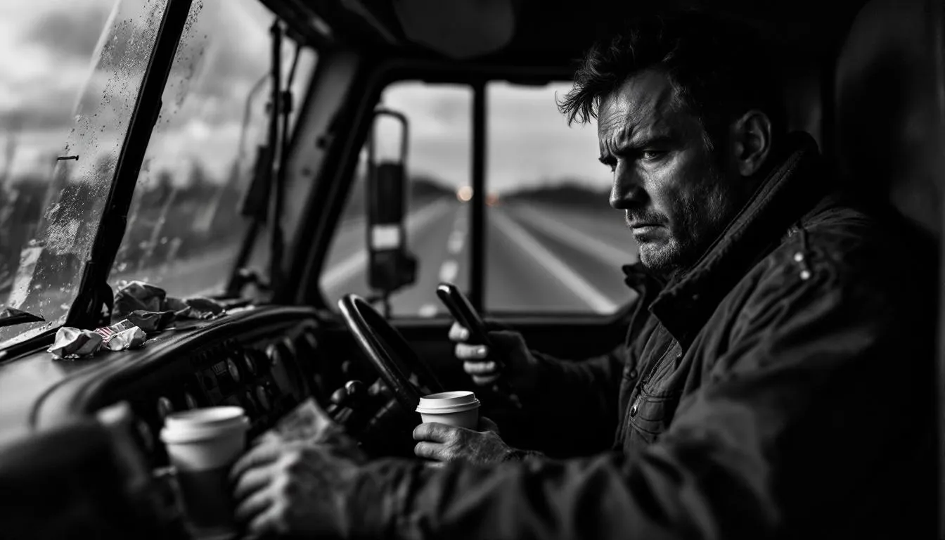 A blurred image of a truck driver in a cab, illustrating driver negligence.