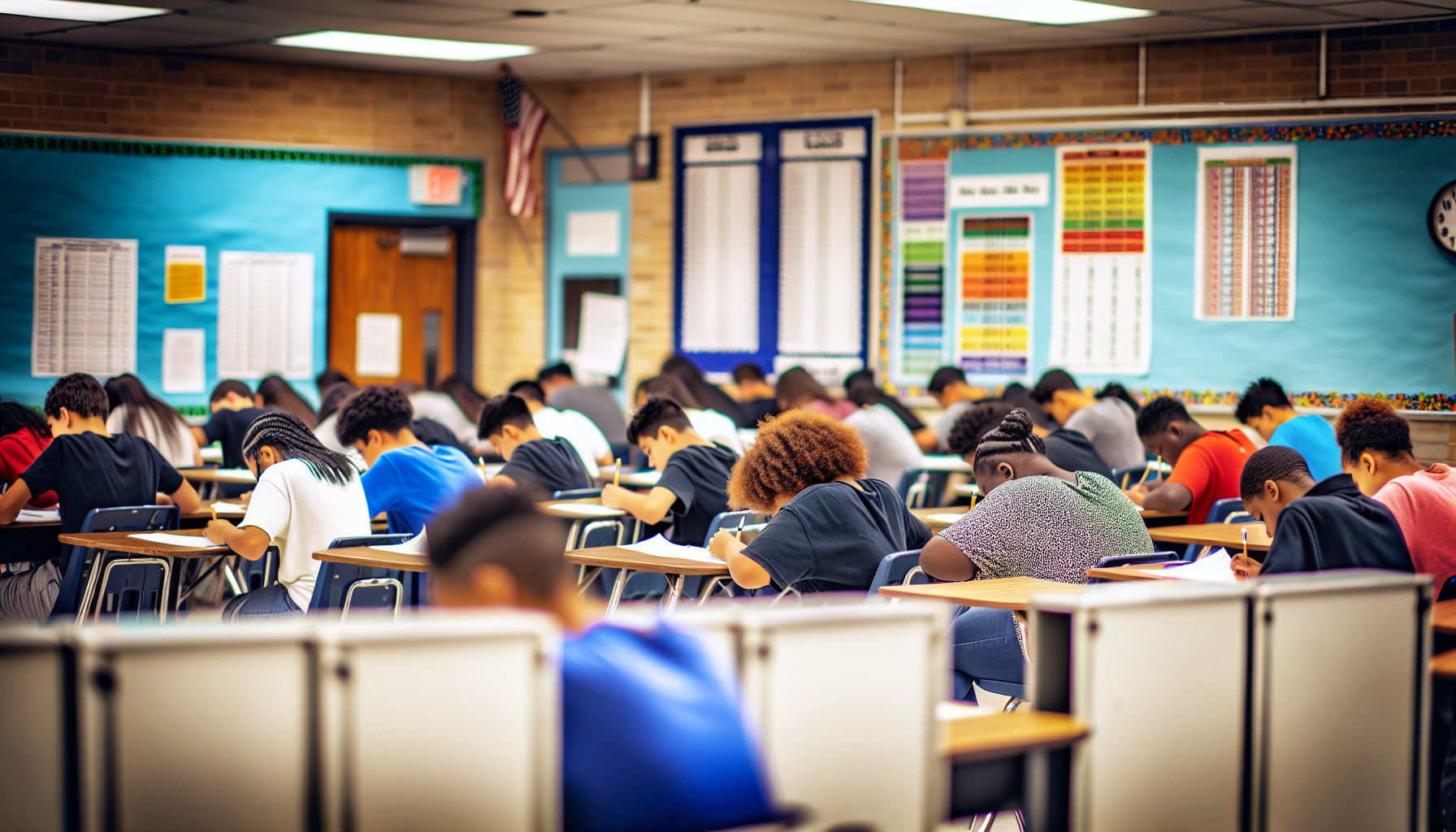 Students taking state assessment tests in a school setting