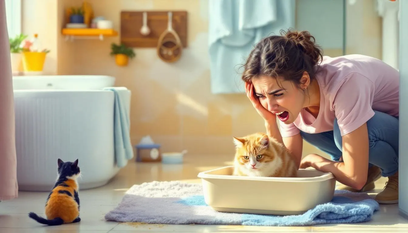 A person sniffing a litter box with a disgusted expression, illustrating how to reduce cat pee smell.