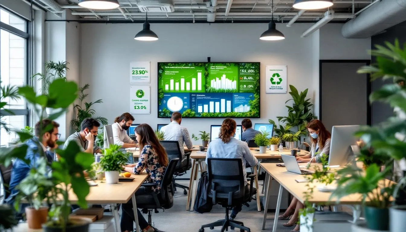In the image, a diverse group of professionals collaborates around a table filled with eco-friendly materials and charts, illustrating the integration of sustainable practices into their business strategy. They are discussing ways to embed sustainability into their core business model, emphasizing the importance of reducing environmental impact and adopting circular economy principles for long-term success.