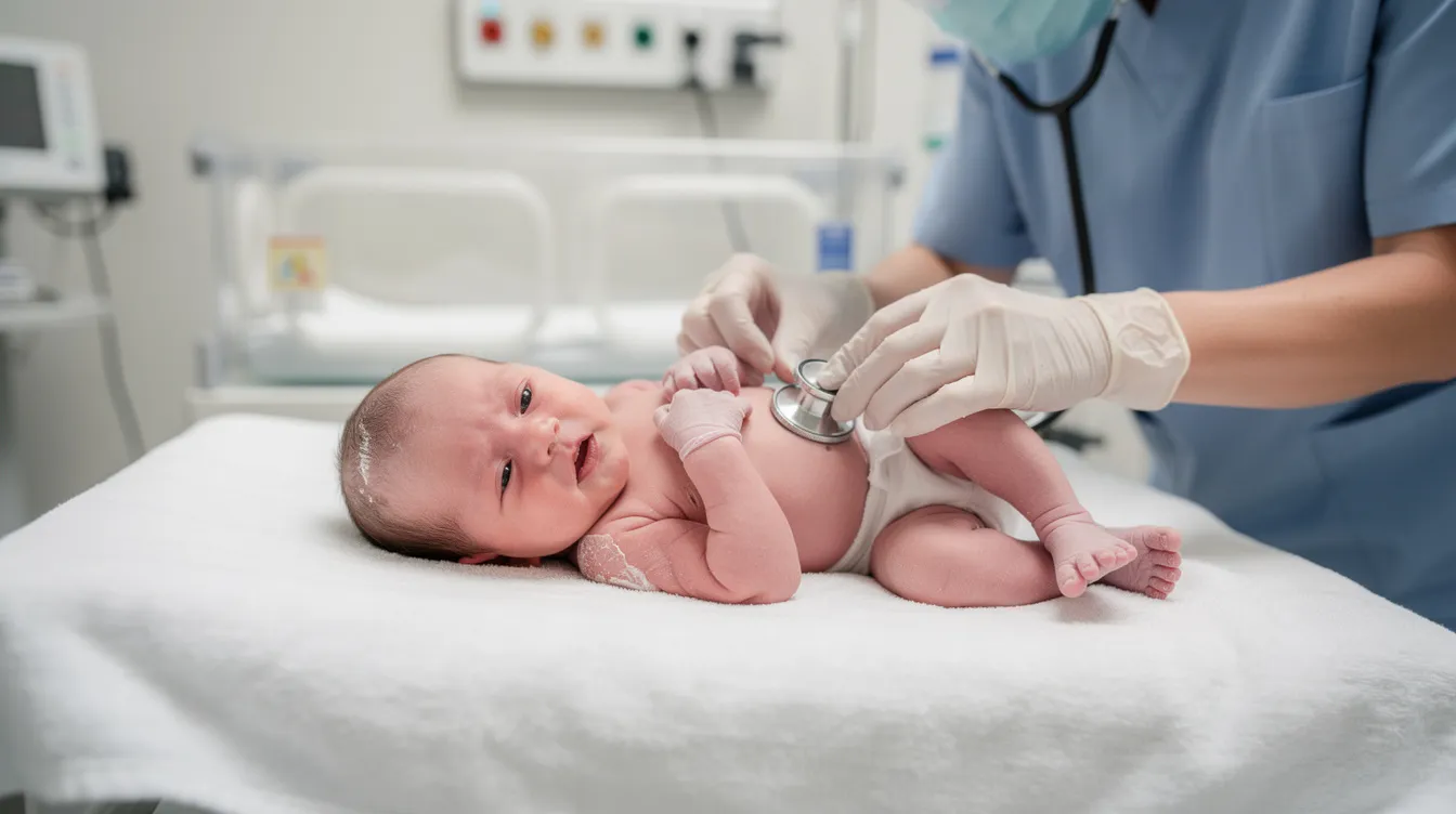 A healthcare provider is gently examining a newborn baby, ensuring the infant's health and well-being. This scene highlights the vital role of medical professionals in providing care and the importance of avoiding medical negligence, which can lead to serious birth injuries.