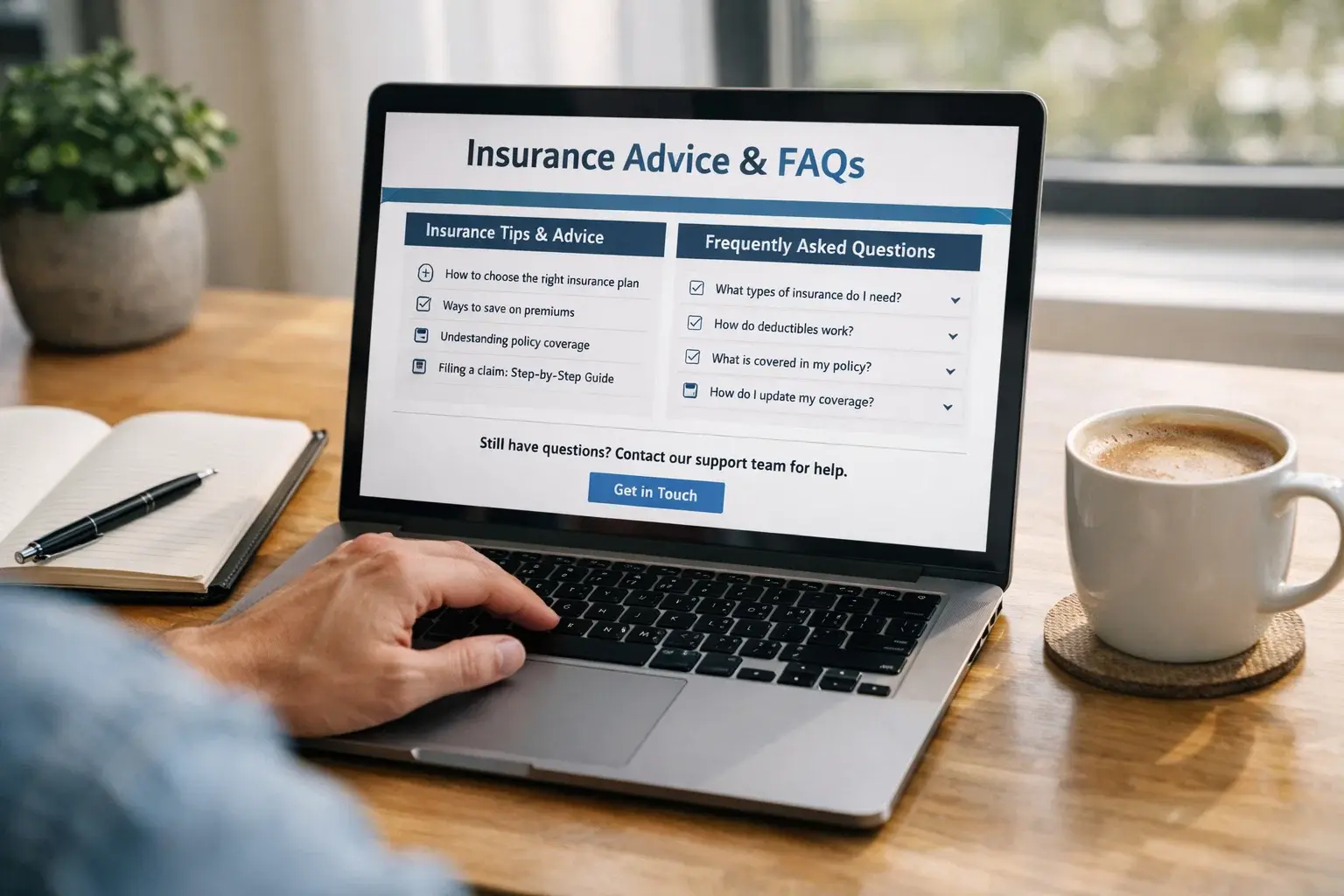 Person reading insurance SEO advice and FAQ information on laptop