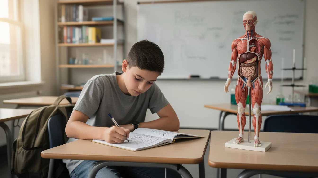A student is seated at a desk, reviewing science notes while focusing on an anatomy model, which illustrates various human body systems. This scene highlights the importance of understanding anatomy and physiology for successful completion of high school biology assessments.