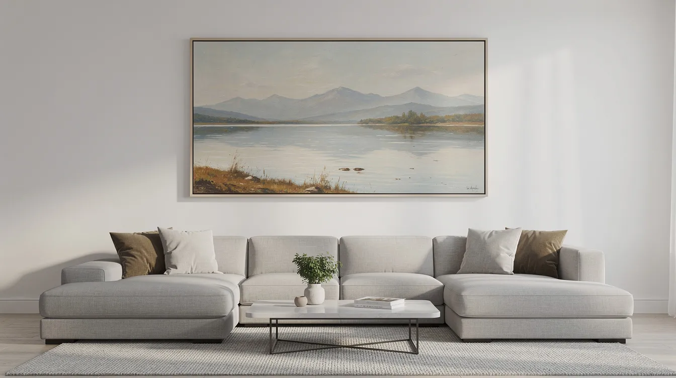 A striking landscape artwork, framed and well-proportioned, hangs above a modern sectional sofa, serving as a focal point that enhances the room's interior design. This piece adds warmth and sophistication to the space, making it a perfect example of wall art that complements contemporary furniture.