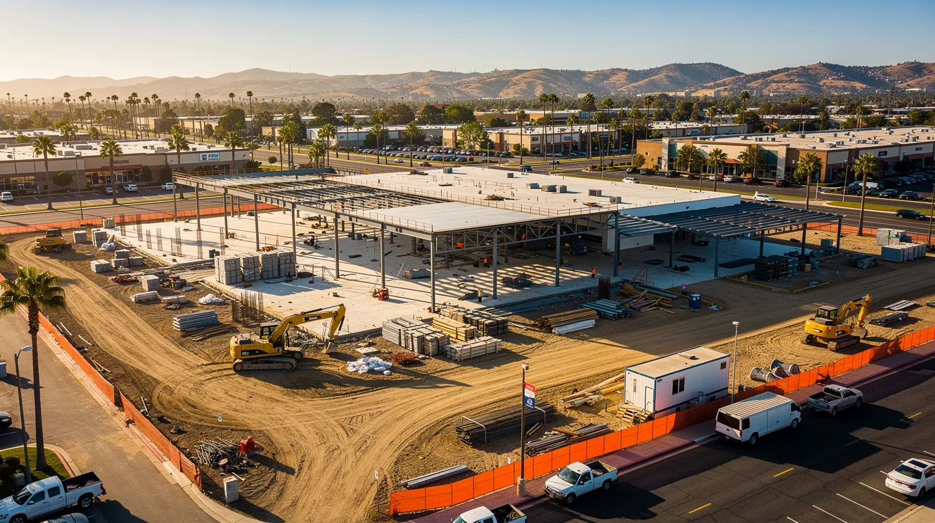 An aerial view captures a partially completed commercial construction site set against a sunny Southern California landscape, showcasing the ongoing work of contractors and subcontractors. This scene highlights the importance of labor compliance and adherence to prevailing wage laws in public works projects, ensuring that workers employed are compensated fairly according to state regulations.