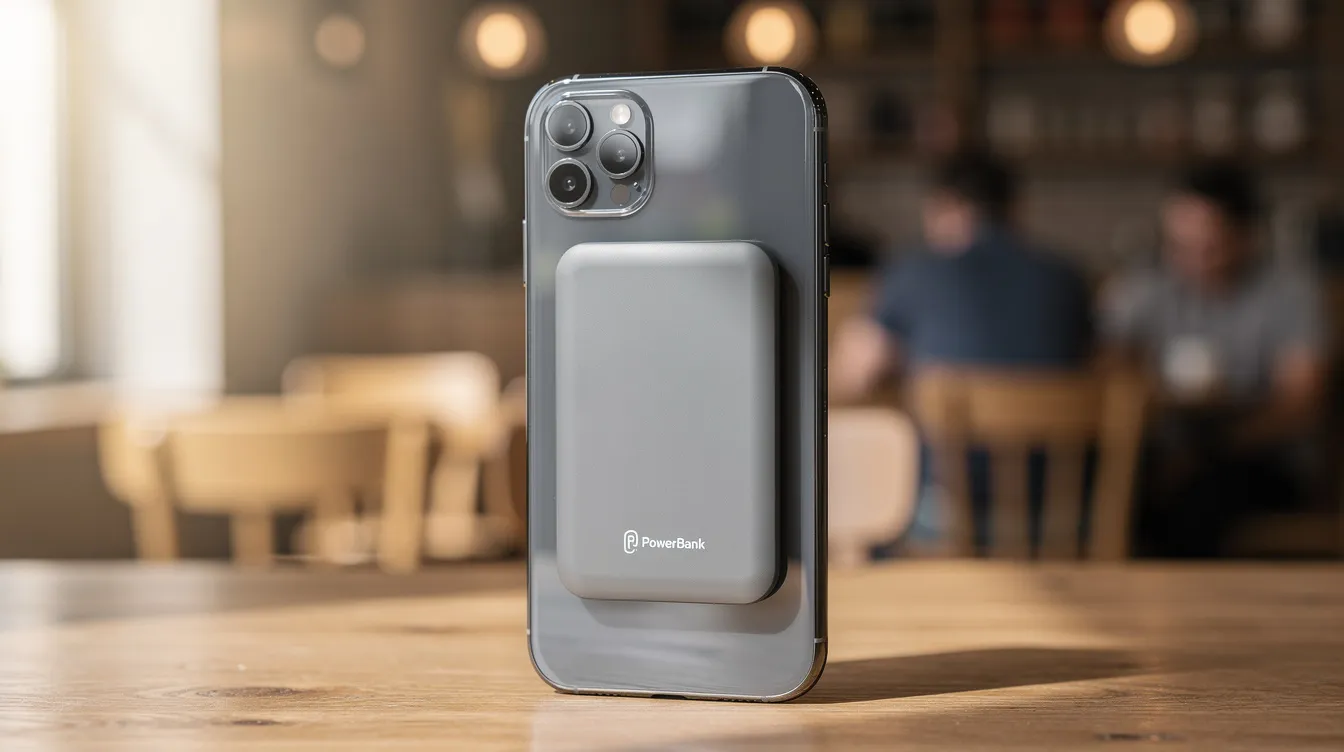 Die Abbildung zeigt eine magnetische Powerbank, die an der Rückseite eines Smartphones haftet, während im Hintergrund ein unscharfes Café zu sehen ist. Diese Maggo Power Bank mit einer Kapazität von 10.000 mAh bietet eine praktische Möglichkeit, das iPhone unterwegs aufzuladen.