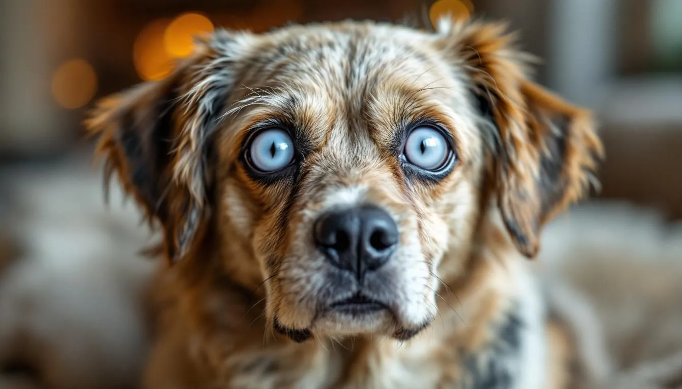 An elderly dog with cloudy eyes is depicted, showing signs of advanced untreated cataracts that significantly impair the dog