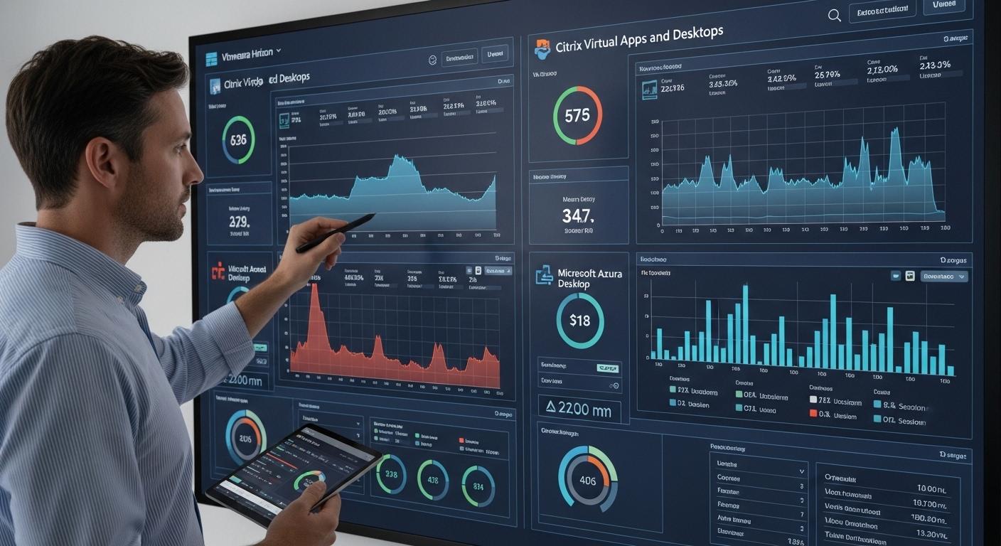 IT administrator evaluating multiple VDI platforms on a large dashboard while students access virtual desktops across classroom and remote environments