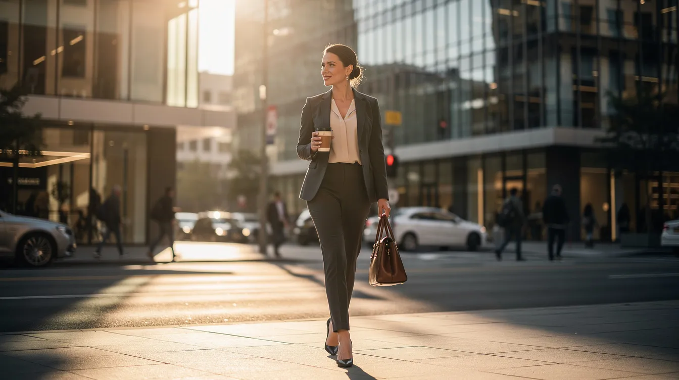 A polished professional woman confidently walks through a modern city street in the morning, embodying the traits of a high value woman. Her presence reflects self-esteem and self-awareness, as she navigates her personal and professional life with purpose and grace.