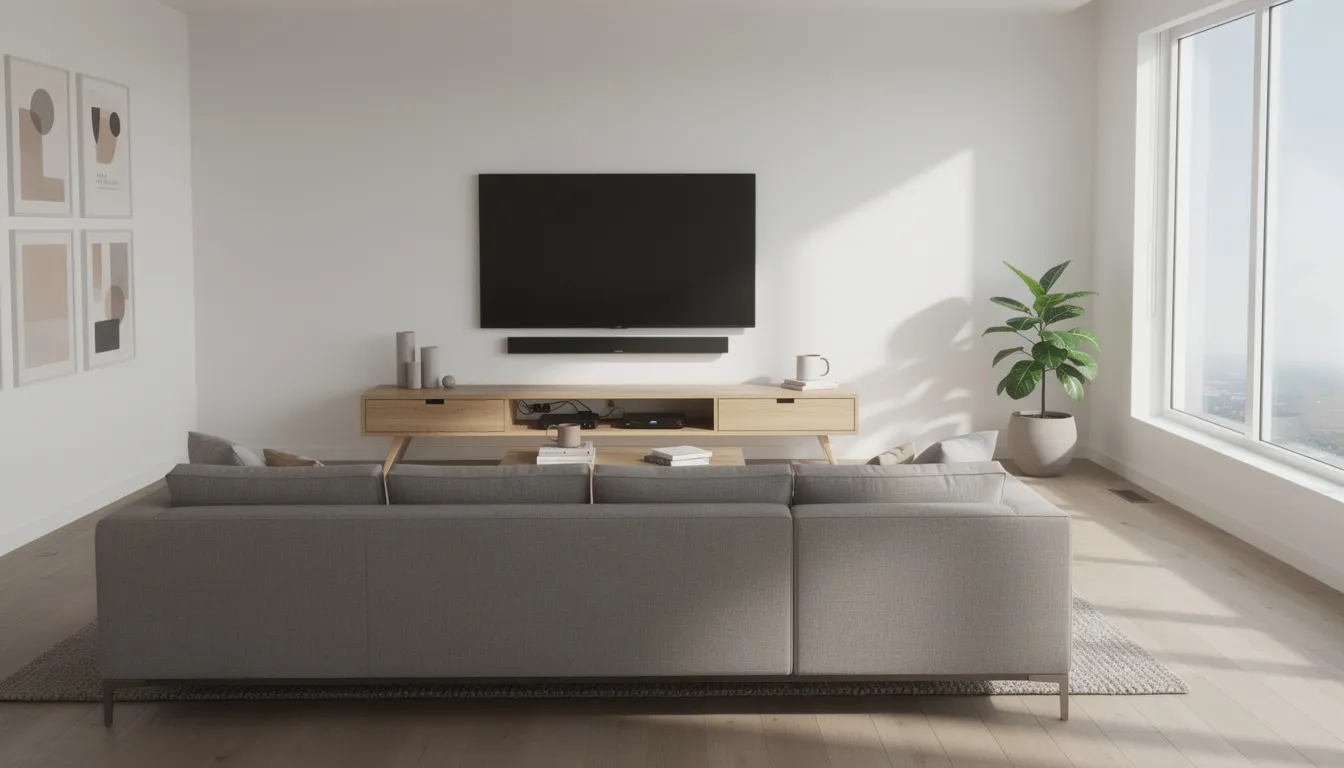 The image depicts a modern living room featuring a sleek wall-mounted television with neatly organized cables, creating a tidy appearance. This setup is ideal for enjoying your favorite shows and could benefit from professional DSTV installation services for optimal viewing experience.
