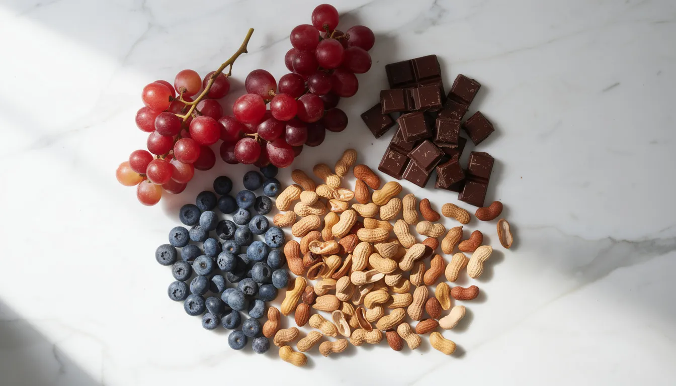 A vibrant and colorful arrangement of red grapes, blueberries, peanuts, and dark chocolate is displayed on a clean white marble surface, showcasing a variety of healthy snacks that support cardiovascular health and overall well-being. This visually appealing setup highlights the antioxidant properties of these foods, which may help combat oxidative stress and promote healthy aging.