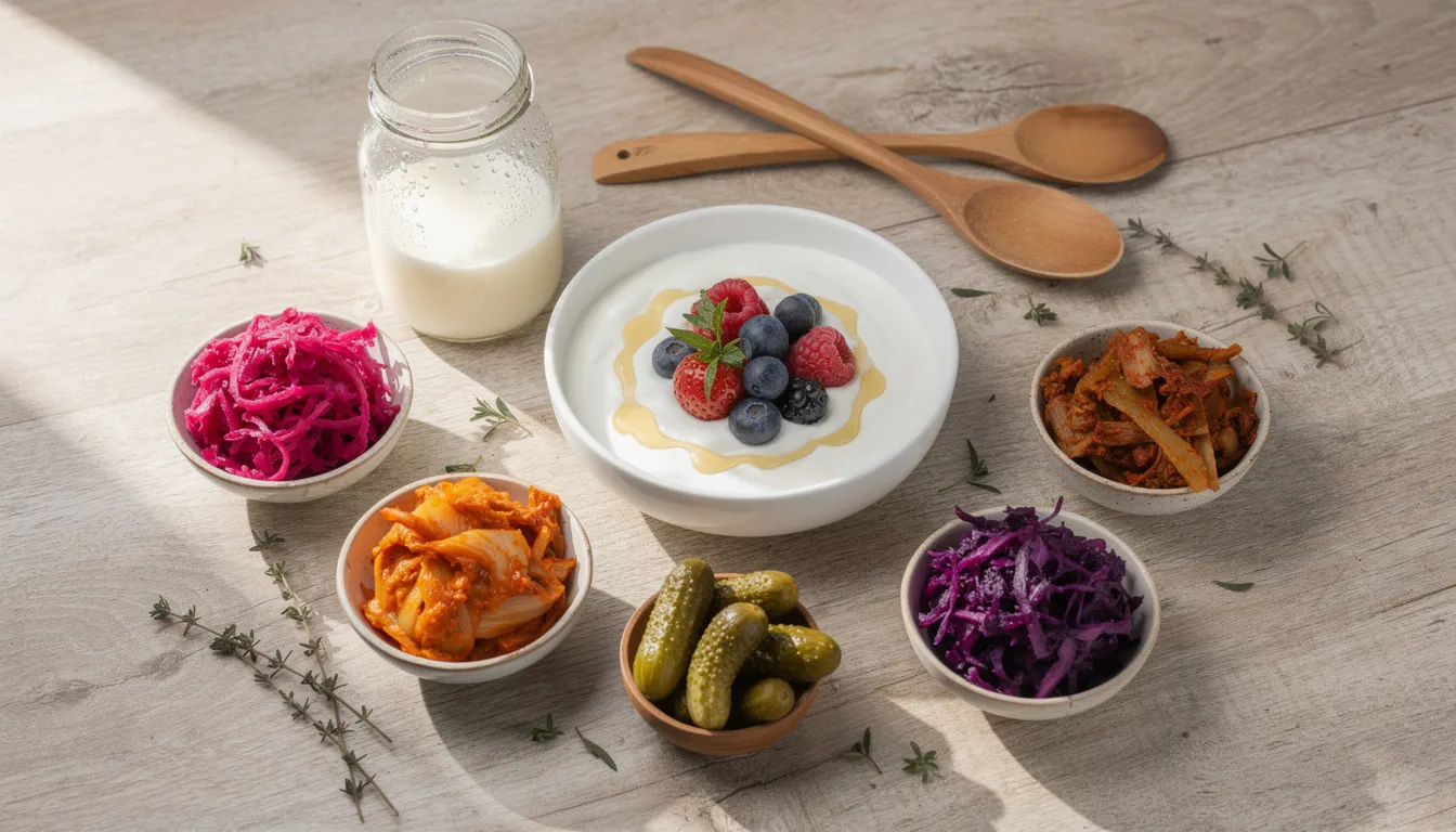 The image features a vibrant display of probiotic-rich foods, including creamy yogurt, tangy kefir, and an assortment of colorful fermented vegetables, all known for their health benefits. These foods can help support the immune system and may alleviate allergy symptoms during allergy season with their natural antihistamine properties.
