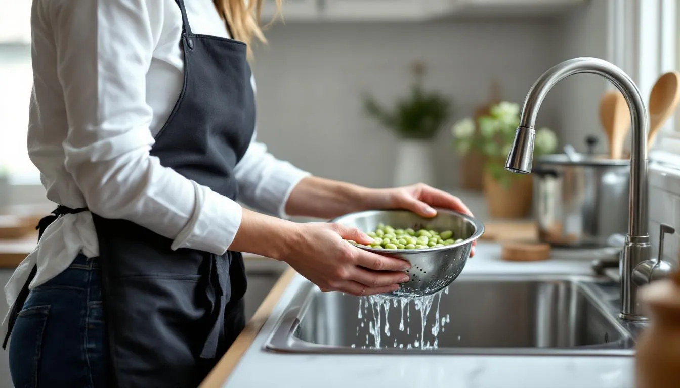 In a kitchen, a dog owner is carefully draining and rinsing cooked lima beans in a colander, preparing them as a potential healthy snack for their dog, as dogs can eat beans like lima beans when cooked properly. The scene captures the process of preparing human foods that can be beneficial for a dog