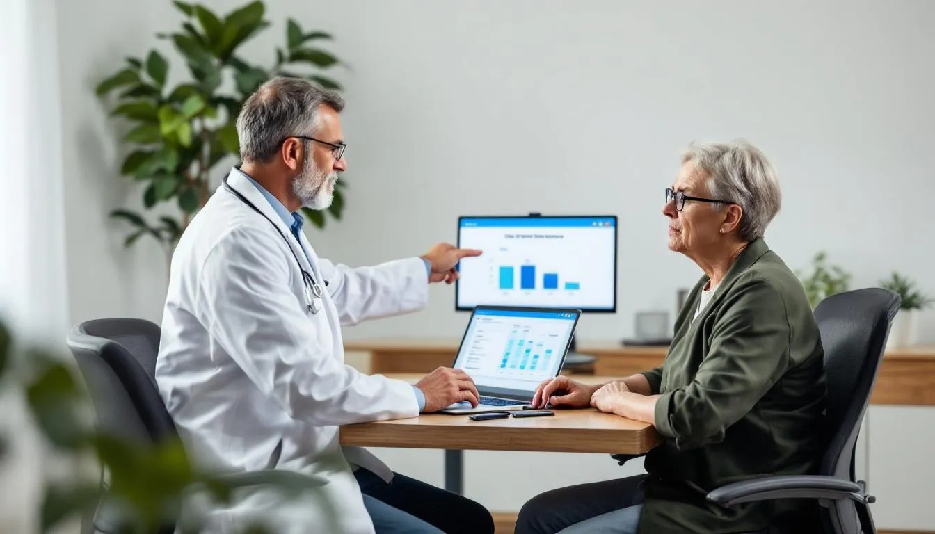 In a medical office, a doctor is explaining the differences between medications to a patient, focusing on treatments for vestibular disorders like Ménière's disease. The discussion includes how taking betahistine can relieve symptoms such as recurrent vertigo and dizziness by improving blood circulation in the inner ear and its effect on histamine receptors.