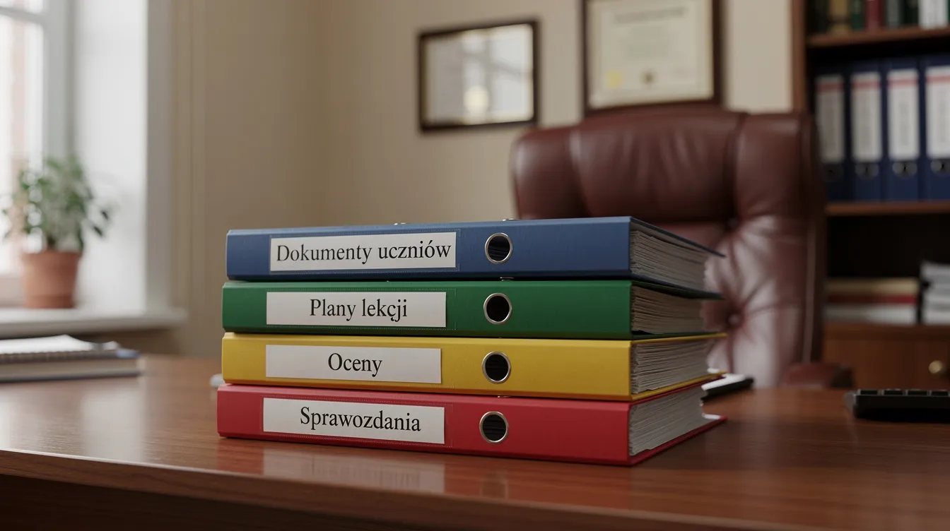 Na biurku w gabinecie dyrektora znajduje się uporządkowany stos teczek z dokumentami szkolnymi, w tym wnioskami nauczycieli oraz projektami oceny pracy. Teczki zawierają załączniki dotyczące ocen pracy nauczycieli oraz ich awansu na stopień nauczyciela dyplomowanego.