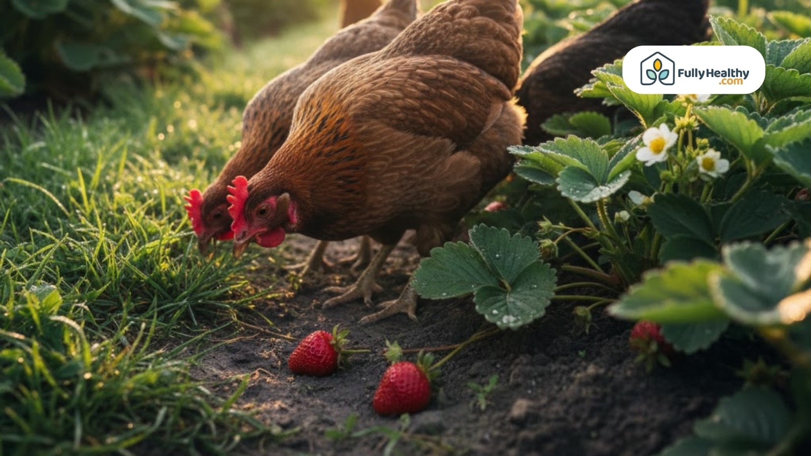 Chickens pecking fallen strawberries beside green plants in garden bed