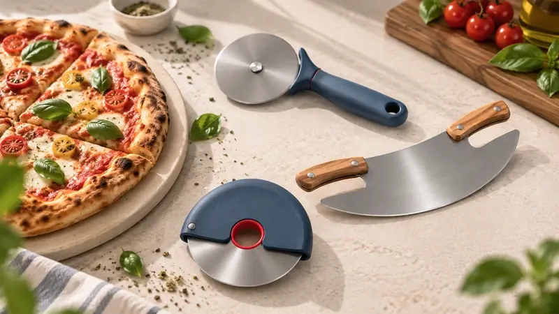 A wheel cutter, rocker blade and disc cutter arranged beside the same pizza.