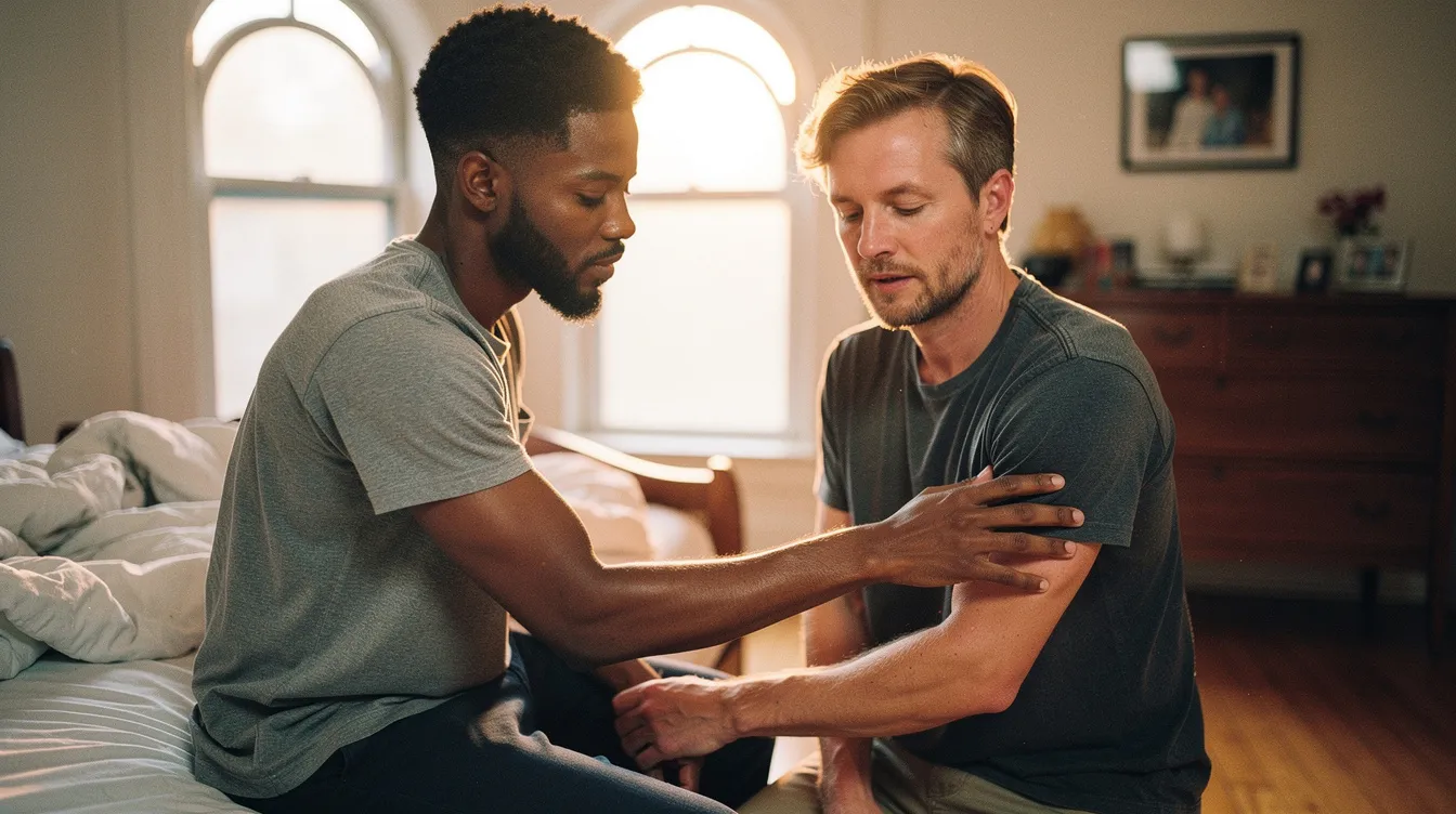 In a softly lit bedroom, an attractive gay male couple sits on the edge of an unmade bed, sharing a moment of quiet intimacy. The Black man gently touches the forearm of his white partner, who gazes down with a softened expression, capturing the emotional connection that can be nurtured through emotionally focused therapy, as they navigate their relationship and deepen their understanding of each other.
