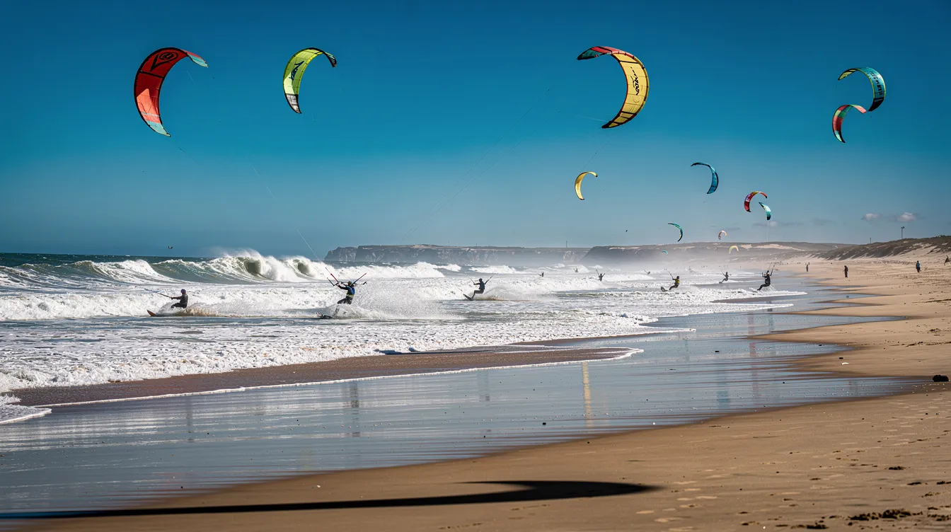 A vibrant scene at Essaouira beach features kite surfers skillfully navigating the Atlantic Ocean waves, with colorful kites soaring against a bright blue sky. This picturesque location, known for its windy days, is a popular destination for kite surfing enthusiasts visiting the UNESCO World Heritage site of Essaouira, Morocco.