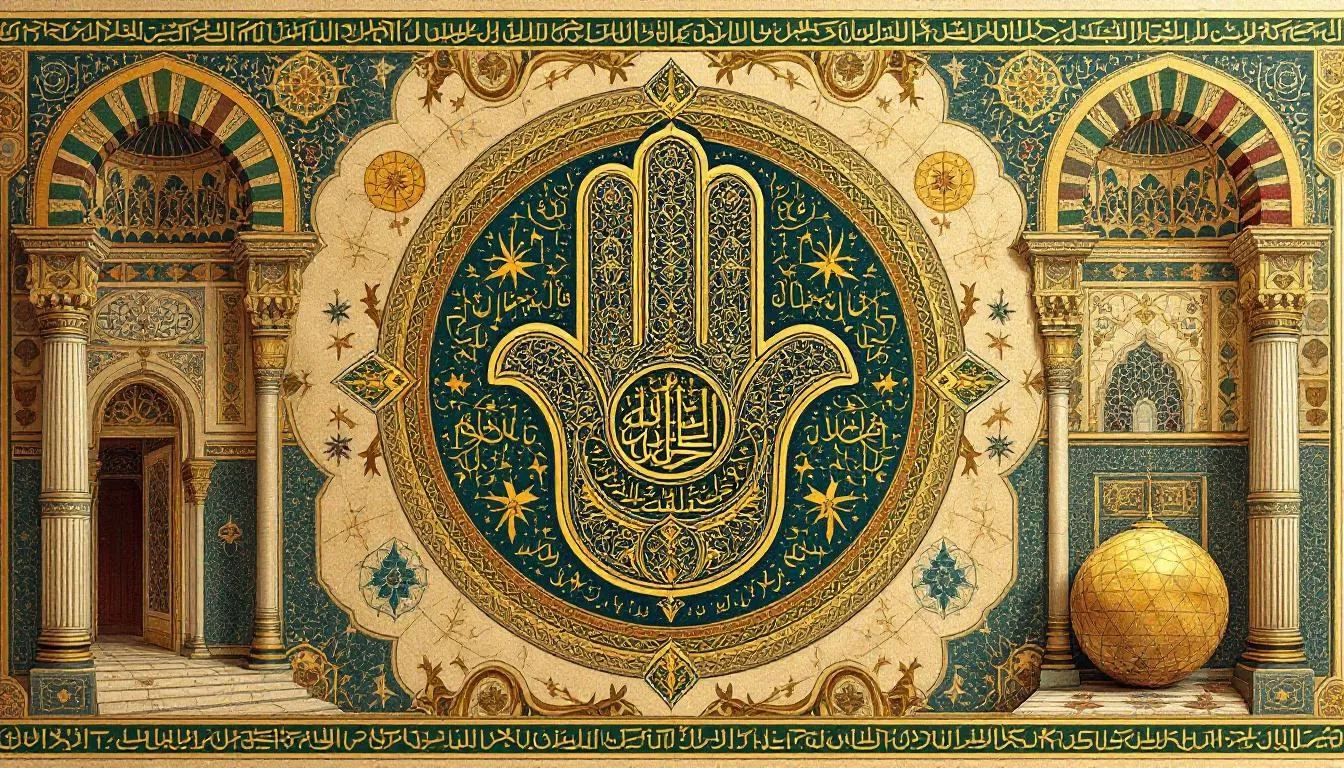 The image depicts a beautifully designed hamsa hand symbol, featuring five fingers and two symmetrical thumbs, often associated with protection and good fortune in various cultures, including Jewish and Islamic traditions. This sacred symbol, commonly used in hamsa hand jewelry like bracelets and necklaces, is believed to ward off the evil eye and negative energies while bringing positive energy and abundance to its wearer.