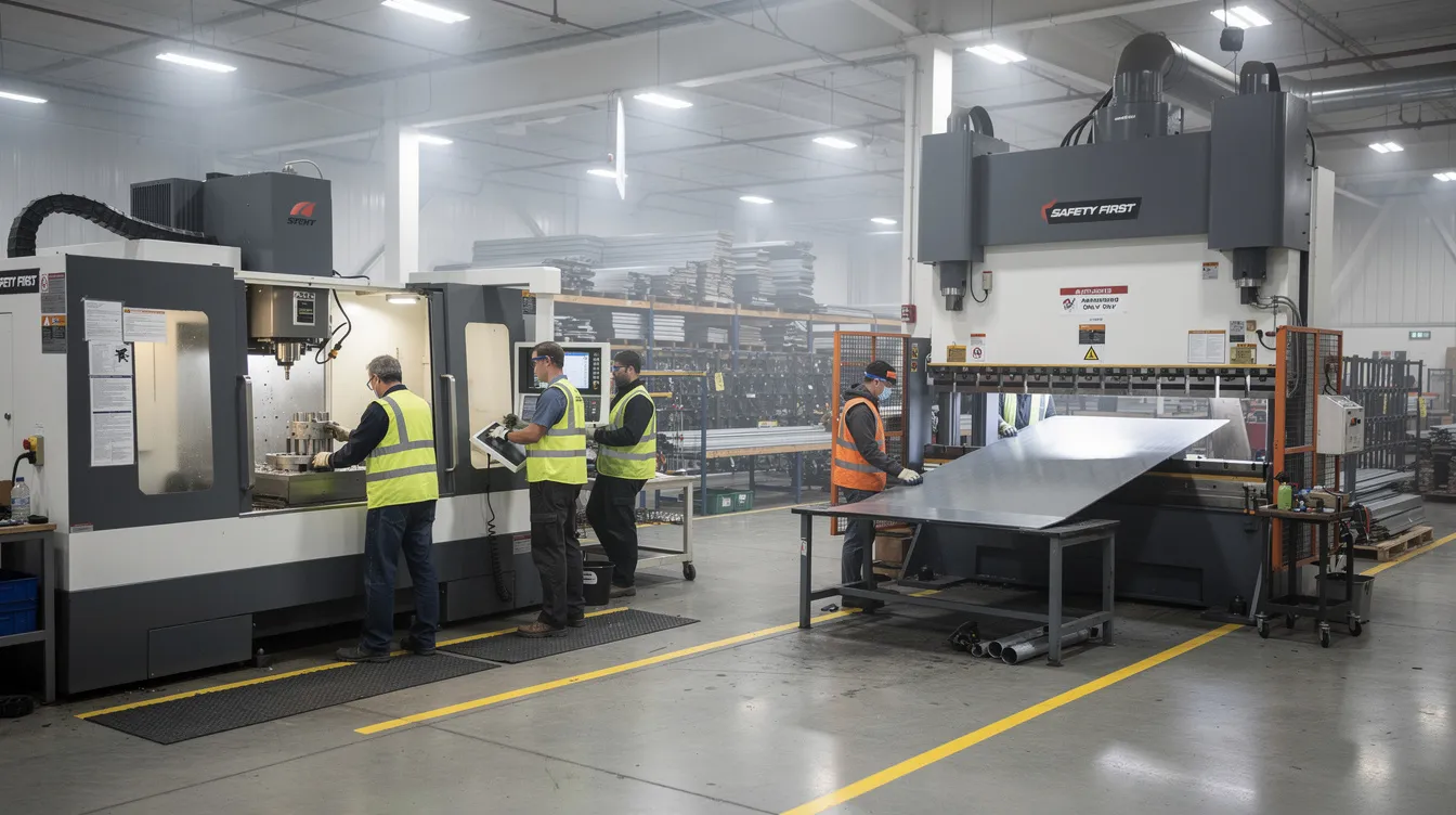 The image depicts a busy industrial factory floor filled with CNC machines and press brake equipment, where workers are actively engaged in the bending process of sheet metal. Various tools and machines are utilized to create high precision bent parts, showcasing the techniques and methods involved in shaping and forming metal with attention to bend angles and material thickness.
