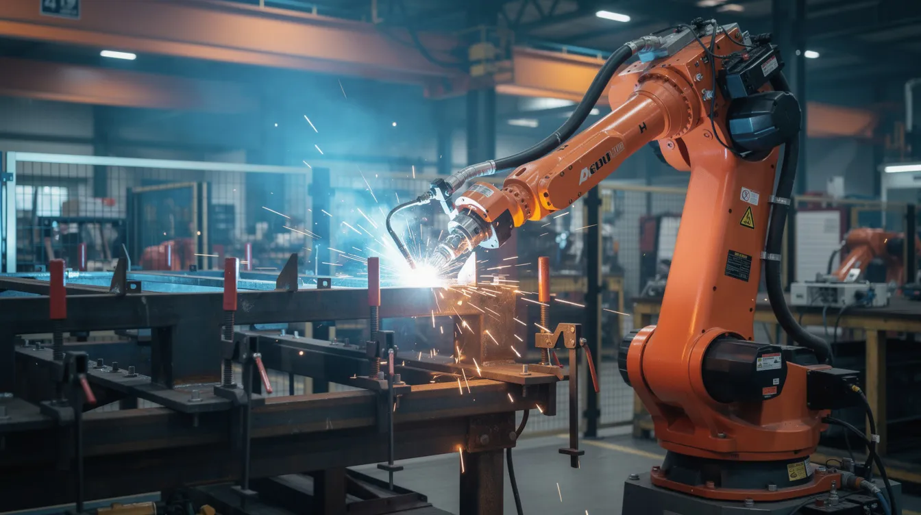 An industrial robotic welding arm is actively working on assembling a metal frame within a factory setting, showcasing advanced technology in metal fabrication. This scene highlights the precision sheet metal fabrication process, essential for producing custom metal parts and components in high volume production.