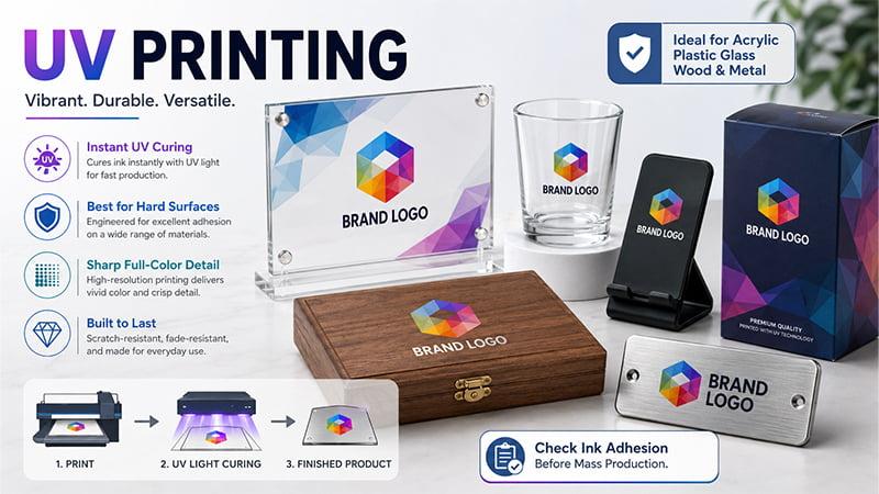 UV printing on hard surfaces including acrylic glass wood metal packaging phone stands and promotional gifts