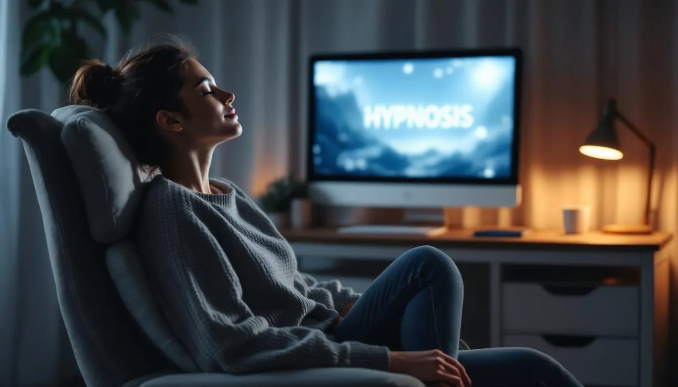 Na obrazku widzimy osobę, która relaksuje się z zamkniętymi oczami przed komputerem podczas sesji online hipnozy. W tle można dostrzec przytulne otoczenie, które sprzyja stanowi głębokiego relaksu i pozwala na skuteczny proces terapeutyczny w walce z lękiem i stresem.