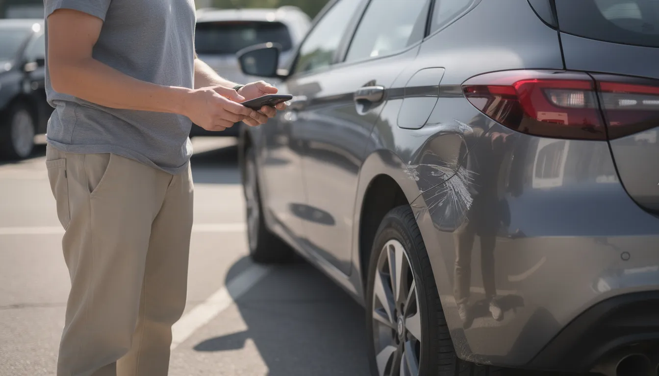 Un voyageur prend une photo avec son smartphone pour documenter l'état d'une voiture de location, mettant en évidence d'éventuels dommages comme des rayures ou des bosses sur la carrosserie. Cette précaution est essentielle pour éviter des frais lors de la restitution du véhicule.