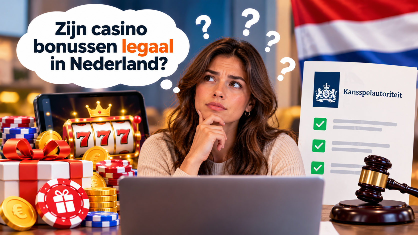 Vrouw onderzoekt of casino bonussen legaal zijn in Nederland, met verwijzing naar de Kansspelautoriteit en Nederlandse regelgeving.