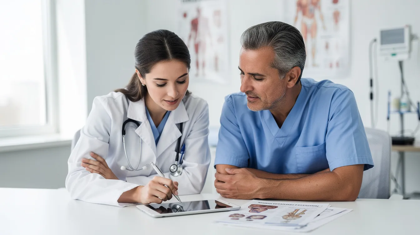 The image depicts a doctor and a patient engaged in a discussion about medical information in a clinical setting, highlighting the importance of treatments like rapamycin therapy and mTOR inhibition in the context of human aging and immune function. They appear focused on understanding the potential longevity benefits and the implications of clinical trials involving rapamycin treatment.