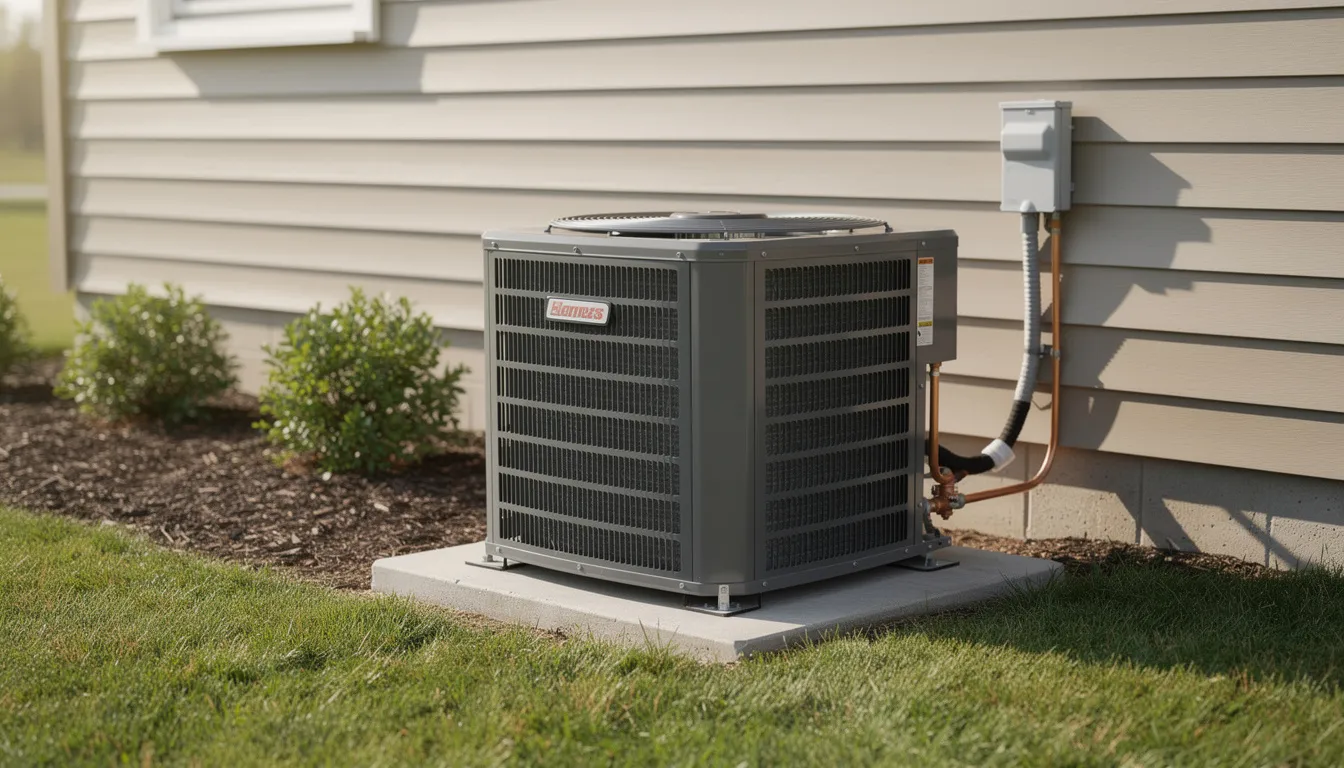 The image features a central air conditioning condenser unit installed outside a residential home, showcasing a reliable HVAC system designed for efficient cooling. This equipment is essential for maintaining home comfort and energy efficiency, providing homeowners with innovative solutions for their cooling needs.