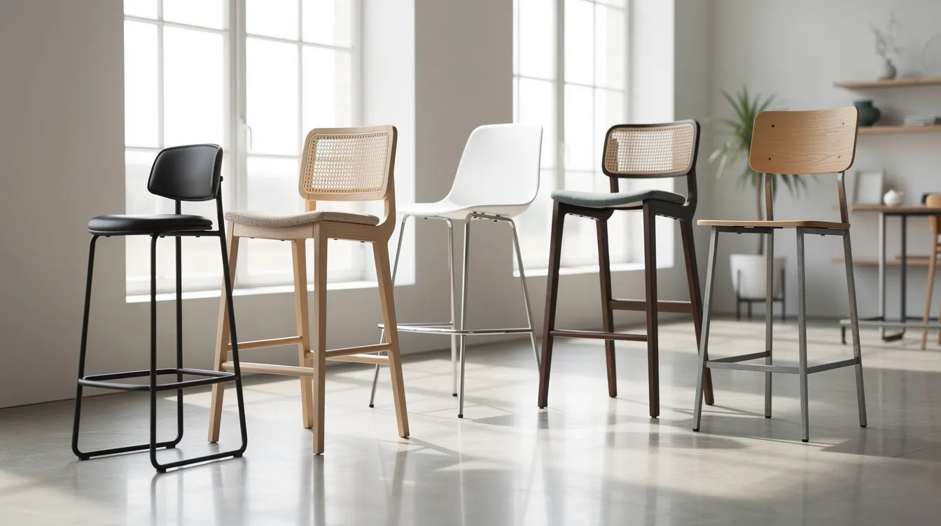 In een lichte showroom staan diverse barkrukken op een rij in verschillende materialen zoals hout en stof.