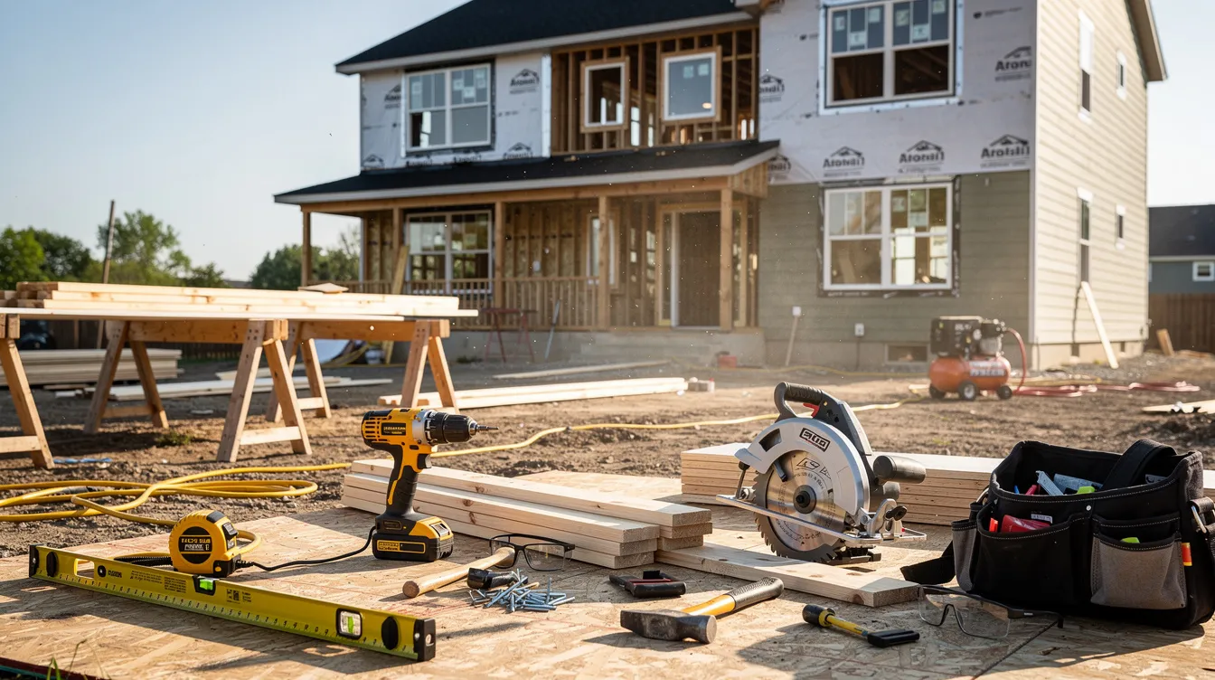The image depicts an active construction job site with various tools and building materials arranged neatly, while a partially renovated house stands in the background, highlighting the ongoing renovation project. This scene is typical for real estate investors seeking hard money loans to finance their fix and flip ventures in the Miami real estate market.