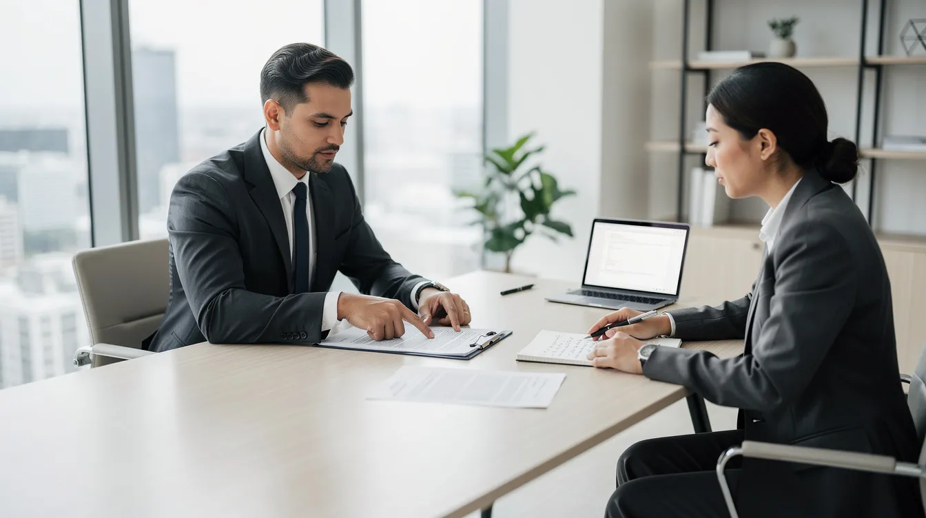 The image depicts a professional meeting between an attorney and a client at a sleek modern office table, surrounded by various documents related to trademark registration and a comprehensive trademark search. The setting conveys a sense of collaboration as they discuss the client's desired trademark name and assess potential conflicts with existing trademarks.