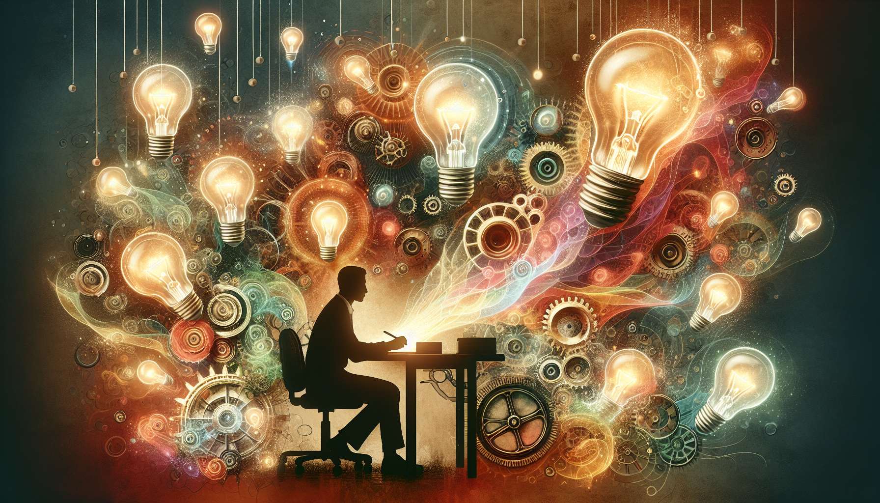 Illustration of a person working at a desk with creative elements around them