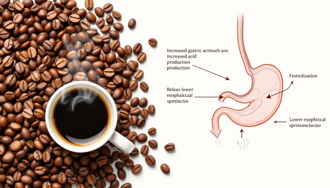 The image features a steaming cup of coffee alongside coffee beans and a diagram illustrating the stomach and esophagus, highlighting how drinking coffee can affect digestive processes, particularly in relation to acid reflux and heartburn symptoms. This visual representation emphasizes the potential impact of coffee intake on the body's acid production and digestive health.