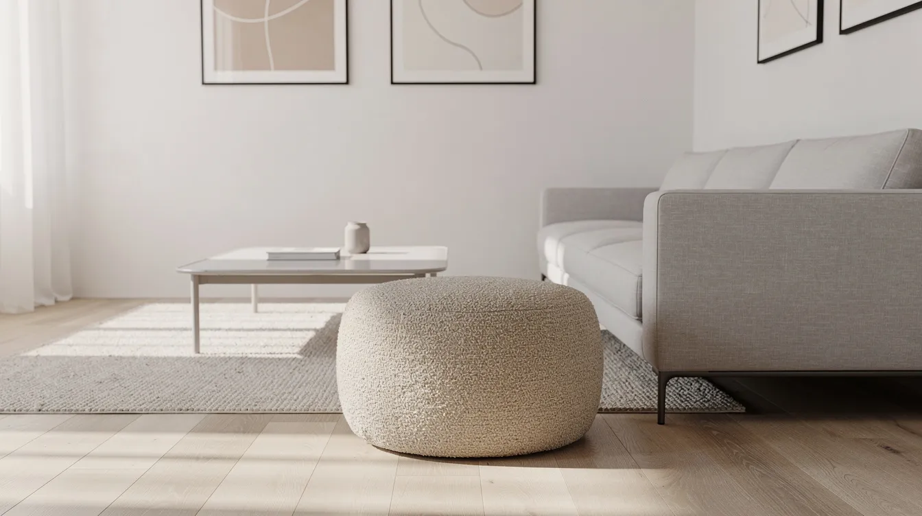 En rund bouclé-sittpuff i beige ton står bredvid en grå soffa i ett minimalistiskt vardagsrum, vilket skapar en stilren och inbjudande atmosfär. Puffen fungerar som en extra sittplats och bidrar till rummets design med sin mjuka textur och färg.