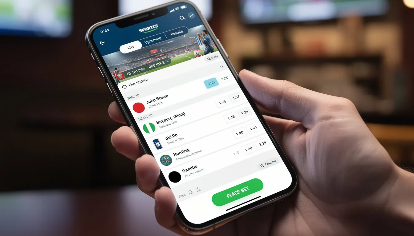 En smartphone visar en sportspelapplikation där användaren kan se odds och information om olika sporter. Appen erbjuder möjligheten att spela med riktiga pengar och ger användarna tillgång till aktuella erbjudanden och betyg för att hjälpa dem att fatta informerade beslut.