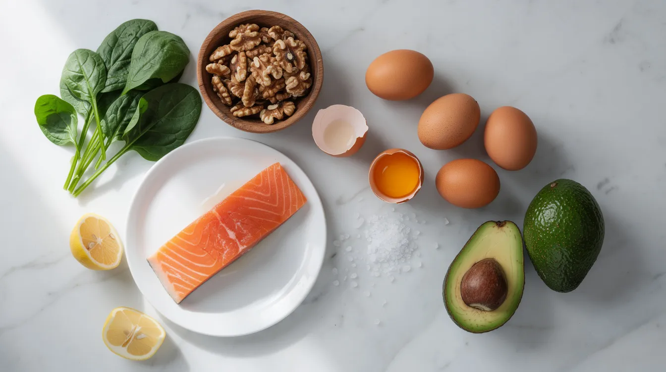 The image features a vibrant arrangement of nutrient-rich foods on a marble countertop, including salmon, walnuts, spinach, eggs, and avocados, all of which contribute to healthy hair growth and scalp health. This colorful spread highlights the importance of a balanced diet in promoting hair health and enhancing hair thickness.